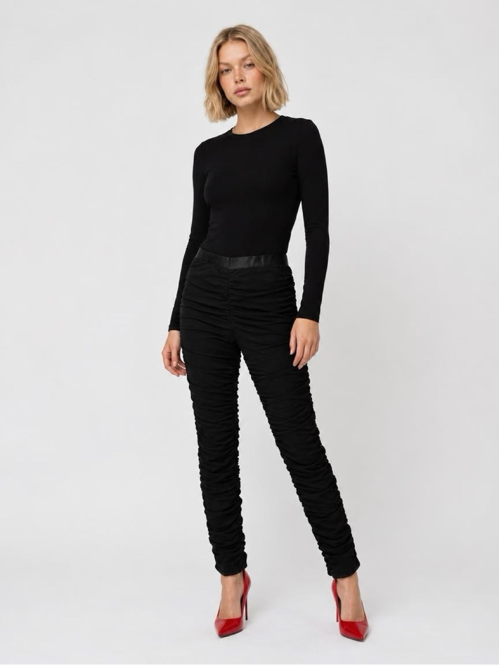 Ali Ro NWT Size 12 Black Ruched Mesh Overlay Leggings Pants Ankle Zip Stretch - Picture 3 of 8
